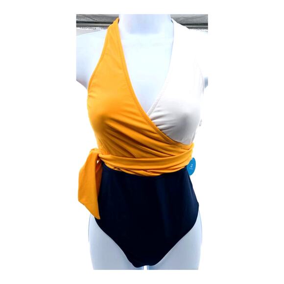 Cupshe Swimsuit One Piece Women Medium Color Block Yellow White Blue V Neck Chic - Picture 1 of 13